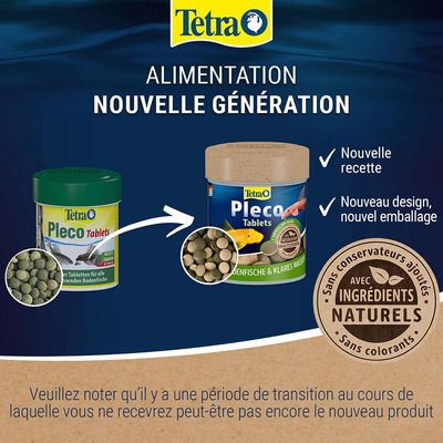 Tetra Pleco Tablets, ancienne et nouvelle version montrées. Nouvelle recette, nouveau design, nouvel emballage. Sans conservateurs ajoutés, avec ingrédients naturels, sans colorants.