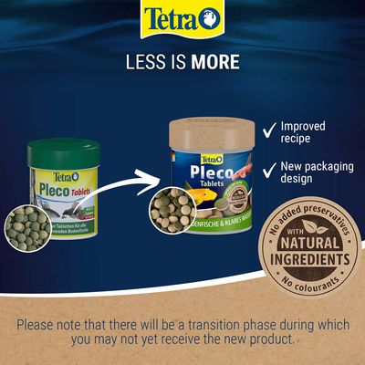 Tetra Pleco Tabletták új csomagolásban és továbbfejlesztett receptúrával, természetes összetevőket tartalmaz, színezékek és tartósítószerek nélkül.