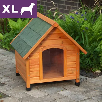 XL-kokoinen koirankoppi, puuta ja muovia, vihreä katto. Kuvassa XL-merkintä ja koiran siluetti vasemmassa yläkulmassa. XL-kokoinen koirankoppi, puuta ja muovia, vihreä katto. Kuvassa XL-merkintä ja koiran siluetti vasemmassa yläkulmassa.