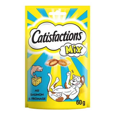 Catisfactions Mix au saumon & fromage, sachet de 60 g. Illustration d’un chat, d’un poisson et d’un morceau de fromage visibles sur l’emballage. Catisfactions Mix au saumon & fromage, sachet de 60 g. Illustration d’un chat, d’un poisson et d’un morceau de fromage visibles sur l’emballage.