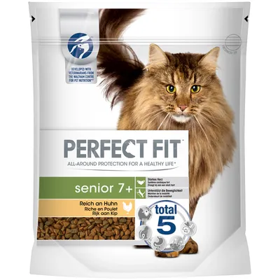 PERFECT FIT senior 7+ cat food, rich in chicken. Visible text: 'All-around protection for a healthy life', 'total 5'. Image of long-haired cat on packaging. PERFECT FIT senior 7+ cat food, rich in chicken. Visible text: 'All-around protection for a healthy life', 'total 5'. Image of long-haired cat on packaging.