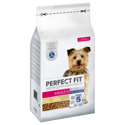 Sac de croquettes Perfect Fit Adult 1+ pour chien, riche en poulet, <10 kg, total 5, 6 kg. Texte visible : supports whole body health, no added artificial colours.
