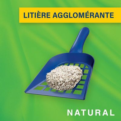 LITIÈRE AGGLOMÉRANTE, pelle bleue avec litière agglomérée, texte NATURAL en bas à droite