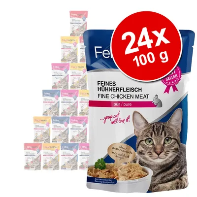 Feline Porta 21 kattenvoer, fijne kip, pur/pure, zonder suiker toegevoegd. Verpakking met kat en voer. Groot rood label: 24x100 g. Tekst deels in Duits en Engels zichtbaar.