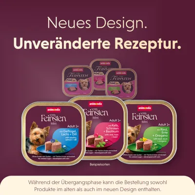 Neues Design. Unveränderte Rezeptur. Während der Übergangsphase kann die Bestellung Produkte im alten oder neuen Design enthalten. animonda vom Feinsten Mini Beispielsorten abgebildet.