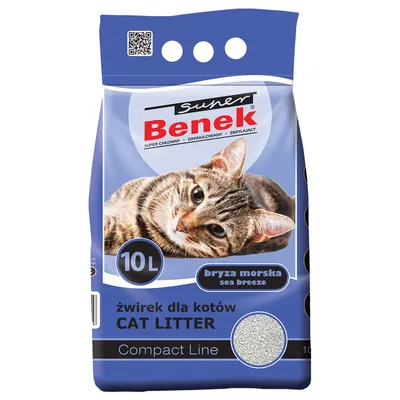Super Benek stelivo pre mačky, Compact Line, vôňa „morský vánok“, 10 l. Balenie zobrazuje mačku a granule.