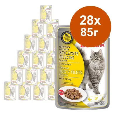 Benek Juicy Filets in gravy with turkey, 28 пакета по 85 г. Видими надписи: 82 %, без изкуствени добавки, снимка на котка и порция храна. Benek Juicy Filets in gravy with turkey, 28 пакета по 85 г. Видими надписи: 82 %, без изкуствени добавки, снимка на котка и порция храна.