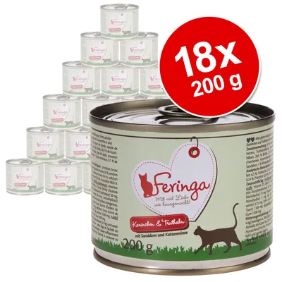 18 latas de 200 g de comida para gatos Feringa. Texto visível: 'Feringa', 'Mit viel Liebe wie hausgemacht!', 'Kaninchen & Truthahn', 'mit Sanddorn und Katzenminze', '200 g'. 18 latas de 200 g de comida para gatos Feringa. Texto visível: 'Feringa', 'Mit viel Liebe wie hausgemacht!', 'Kaninchen & Truthahn', 'mit Sanddorn und Katzenminze', '200 g'.