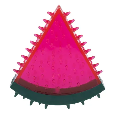 Dreieckiges, pinkes Spielzeug mit Noppen und grüner Basis, aus Kunststoff.