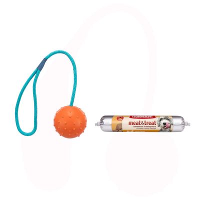 Palla gioco con nodi, fissata a una corda intrecciata rosso-blu-bianca.