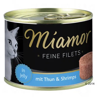 Консерва Miamor Feine Filets, In Jelly, mit Thun & Shrimps. На упаковке изображена кошка и кусочек корма. Текст на немецком языке.