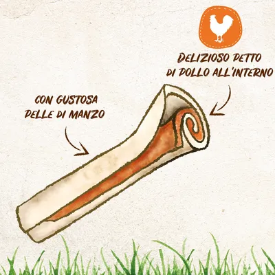 Con gustosa pelle di manzo, delizioso petto di pollo all'interno. Illustrazione di uno snack arrotolato per cani con testo descrittivo e icona di pollo.