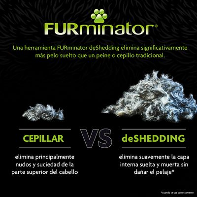 Comparativa visual entre cepillar y deShedding: el cepillado elimina nudos superficiales, deShedding retira más pelo suelto de la capa interna. Marca FURminator visible.