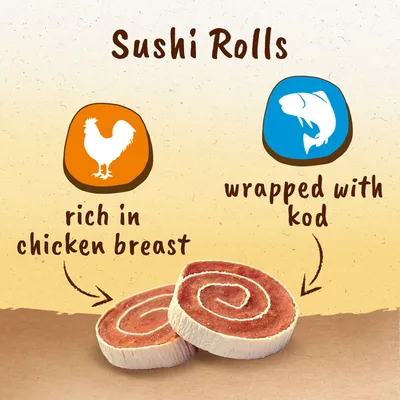 Sushi Rolls, rich in chicken breast, wrapped with cod. Text v angličtine: rich in chicken breast, wrapped with kod. Zobrazené dve rolky s mäsovou špirálou.