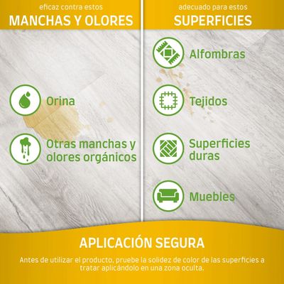 Eficaz contra manchas y olores: orina, otras manchas y olores orgánicos. Adecuado para alfombras, tejidos, superficies duras y muebles. Aplicación segura: probar en zona oculta.