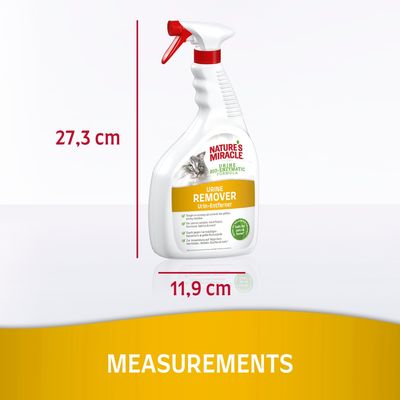 Nature's Miracle Urine Remover spray flakon, magasság: 27,3 cm, szélesség: 11,9 cm. Címkén macska képe és terméknév látható.
