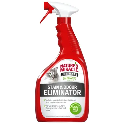 Stain and odour eliminator spray with extra strong bio-enzymatic formula. Includes patented microbes, safe for pets and home, suitable for carpets, hard floors, furniture, fabrics. Stain and odour eliminator spray with extra strong bio-enzymatic formula. Includes patented microbes, safe for pets and home, suitable for carpets, hard floors, furniture, fabrics.