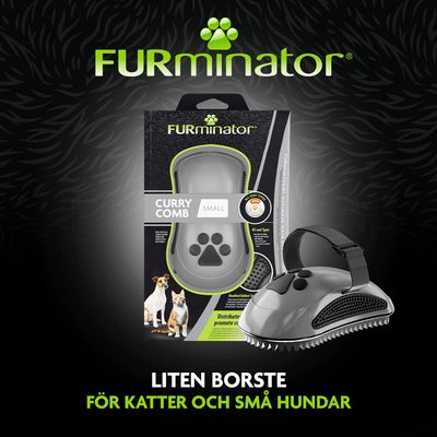 FURminator Curry Comb Small, liten borste för katter och små hundar. Förpackning och produkt med tassmotiv, text: Liten borste för katter och små hundar.