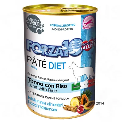 Forza10 Pâté Diet for dogs, hypoallergenic, monoprotein, with tuna and rice. Ingredients: ginseng, pineapple, papaya, pomegranate. Made in Italy. Formula for food intolerances.