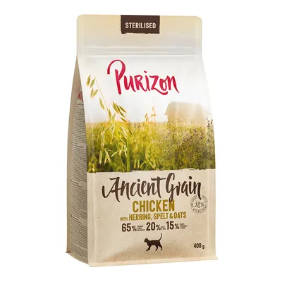 Purizon Ancient Grain Chicken met haring, spelt & haver. Voor gesteriliseerde katten. 65% dierlijke ingrediënten, 20% oude granen, 15% fruit & groenten. Inhoud: 400 g.