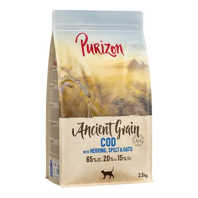 Purizon Ancient Grain Cod with Herring, Spelt & Oats, 65 % protein, 20 % tuk, 15 % ovoce a zelenina, balení 2,5 kg, silueta kočky na obalu.
