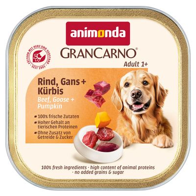 Animonda GranCarno Country Adult, marha, liba + sütőtök, 22x150g. 100% friss összetevők, gabona- és cukormentes.