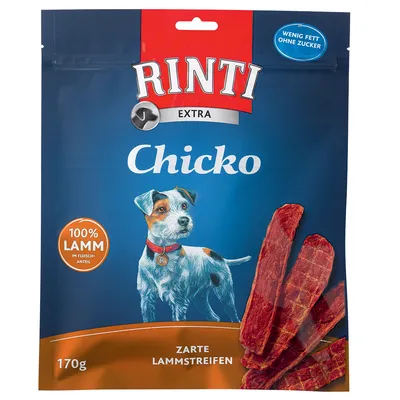 RINTI Extra Chicko, 100% Lamm im Fleischanteil, Wenig Fett ohne Zucker, Zarte Lammstreifen, 170g. Ilustrace psa a proužky masa na obalu.