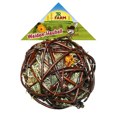 Pelota de heno y ramas para mascotas, marca JR Farm. Etiqueta visible: Weiden-Heuball, ilustración de conejo con sombrero y texto Mr. Woodfield.