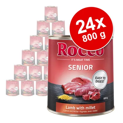 Rocco SENIOR, 24x800 g, jagnjetina s prosom. Na embalaži: 'Easy to digest', 'Lamb with millet', 'IT'S MEAT TIME'. Paket pločevink za pse seniorje.