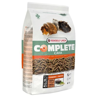 VERSELE-LAGA COMPLETE CAVIA marsvinefoder, billede af to marsvin, tekst: ALL IN 1 NO SELECTION, ELDERBERRY + TIMOTHY, 100% EXTRUDED, 100% APPETITE