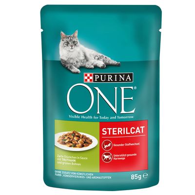 Purina ONE Sterilcat kattenvoer, 85 g. Zachte stukjes in saus met kalkoen en sperziebonen. Gezonde stofwisseling, ondersteunt gezonde urinewegen. Zonder kunstmatige toevoegingen.