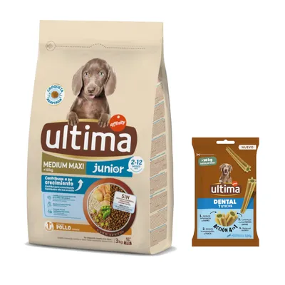 Ultima granule + 180 g Sticks Medium / Maxi zdarma - Medium / Maxi Junior s kuřecím 3 kg + Sticks Medium / Maxi 180 g