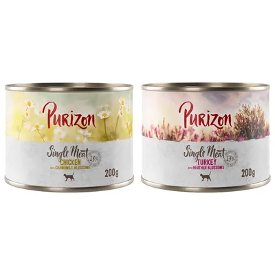 Purizon Single Meat aliment humide, variétés : Chicken avec fleurs de camomille et Turkey avec fleurs de bruyère, boîte de 200g, 13% de protéines.