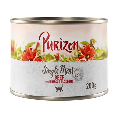 Purizon Single Meat Beef con flores de hibisco, lata de 200g, 13% de proteína, comida para gatos.