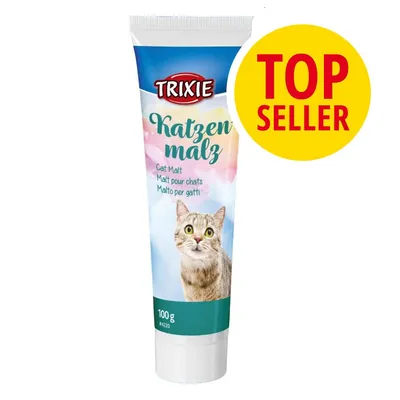 Tubo Trixie Katzenmalz 100 g, testo visibile: Cat Malt, Malt pour chats, Malto per gatti. Cerchio giallo con scritta rossa TOP SELLER.