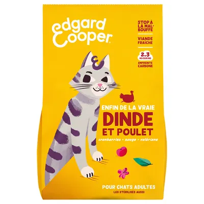 Edgard & Cooper kattenvoer, tekst: Enfin de la vraie dinde et poulet, cranberries, sauge, valériane, pour chats adultes, stop à la malbouffe, viande fraîche, 2–3 kg CO2e/kg.