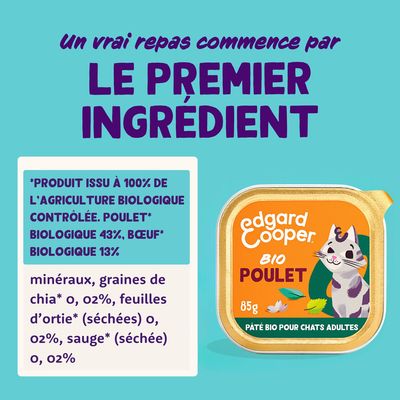 Edgard Cooper Bio Poulet, pâté pour chats adultes. Ingrédients : 43% poulet bio, 13% bœuf bio, graines de chia, feuilles d’ortie, sauge. 100% agriculture biologique contrôlée.