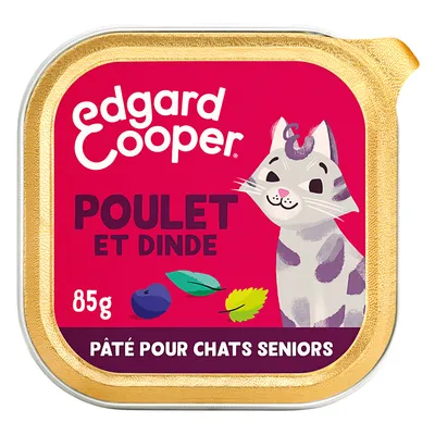 Edgard Cooper Poulet et Dinde, 85g, pâté pour chats seniors. Tekst in het Frans zichtbaar op verpakking met afbeelding van een kat.