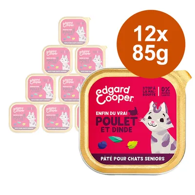 Edgard Cooper paté voor oudere katten, kip en kalkoen, 12x85g. Zonder toegevoegde suikers, natuurlijke ingrediënten.
