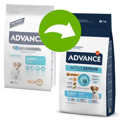 Advance Active Defense Puppy Mini 2–10 hónap, 7,5 kg-os kutyatáp régi és új csomagolása látható, zöld nyíllal a váltás jelzésére.