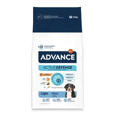 Advance Active Defense Light Maxi +30 kg hundfoder, 12 kg. Med kyckling, prebiotika, probiotika, fibrer. Bild på stor hund och symboler för mättnadseffekt, ledstöd, låg fetthalt.