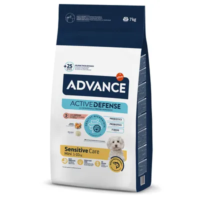 Advance Active Defense Sensitive Care Mini 1-10 kg s lososem a rýží, prebiotika, probiotika, vláknina. Pro snadné trávení, péči o kůži a srst, bez lepku. Velikost balení: 7 kg.