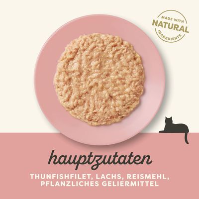 Hauptzutaten: Thunfischfilet, Lachs, Reismehl, pflanzliches Geliermittel. Made with natural ingredients.