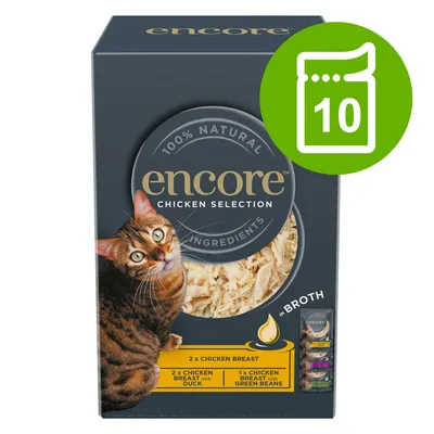 Encore Chicken Selection, 100% natürliche Zutaten. Inhalt: 2x Hähnchenbrust, 2x Hähnchenbrust mit Ente, 1x Hähnchenbrust mit grünen Bohnen. Packung enthält 10 Portionsbeutel.