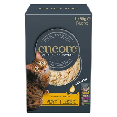 Encore Chicken Selection, 5 x 50g kapsiček. 100% přírodní ingredience. Druhy: 2x kuřecí prsa, 2x kuřecí prsa s kachnou, 1x kuřecí prsa se zelenými fazolkami ve vývaru. Encore Chicken Selection, 5 x 50g kapsiček. 100% přírodní ingredience. Druhy: 2x kuřecí prsa, 2x kuřecí prsa s kachnou, 1x kuřecí prsa se zelenými fazolkami ve vývaru.