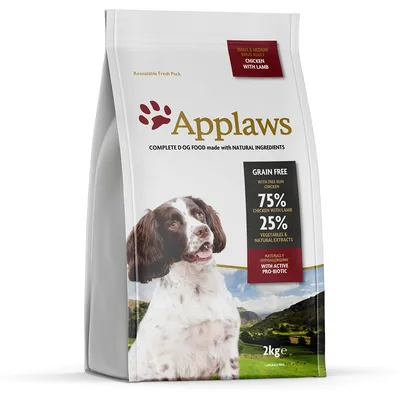 Applaws hundfoder för små och medelstora raser, smak kyckling med lamm, spannmålsfritt, 75% kyckling med lamm, 25% grönsaker och naturliga extrakt, hypoallergent, 2 kg förpackning.