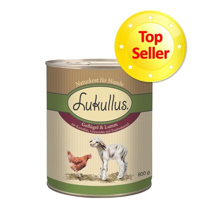 Puszka Lukullus Naturkost für Hunde, Geflügel & Lamm, 800 g. Napis: Top Seller na żółtej odznace. Widoczne ilustracje kury i jagnięcia.