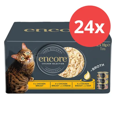 Encore Chicken Selection, 24x70g boîtes. Variétés : 5x filet de poulet, 4x filet de poulet au fromage, 3x filet de poulet au jambon. Ingrédients 100% naturels en bouillon.
