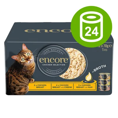 Encore Chicken Selection, 24 Dosen à 70g. Sorten: 5x Hähnchenbrust, 4x Hähnchenbrust mit Käse, 3x Hähnchenbrust mit Schinken. 100% natürliche Zutaten in Brühe.