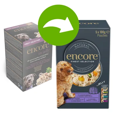 Encore Finest Selection in Jelly, 5x100g Pouches. Huhn mit Gemüse, Hühnerfilet mit Gemüse, Huhn mit Ente. Verpackung zeigt Hund und Produktabbildungen.